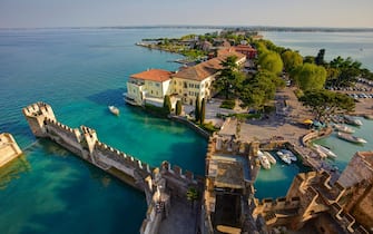 Elevated view of the walls of the scaliger castle of Sirmione, Brescia province, Italy