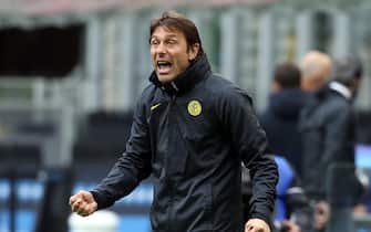 Inter MilanÃ??s coach Antonio Conte reacts during the Italian serie A soccer match between FC Inter  and Cagliari at Giuseppe Meazza stadium in Milan, 11 April 2021.
ANSA / MATTEO BAZZI