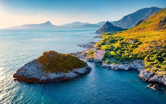 Maratea Bright summer view from flying drone of scenic spot - La Secca, Maratea Castrocucco location, Italy, Europe. Spectacular summer seascape of Mediterran